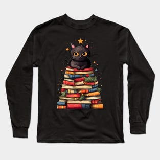 Black Cat Bookworm Christmas Tree Books Long Sleeve T-Shirt